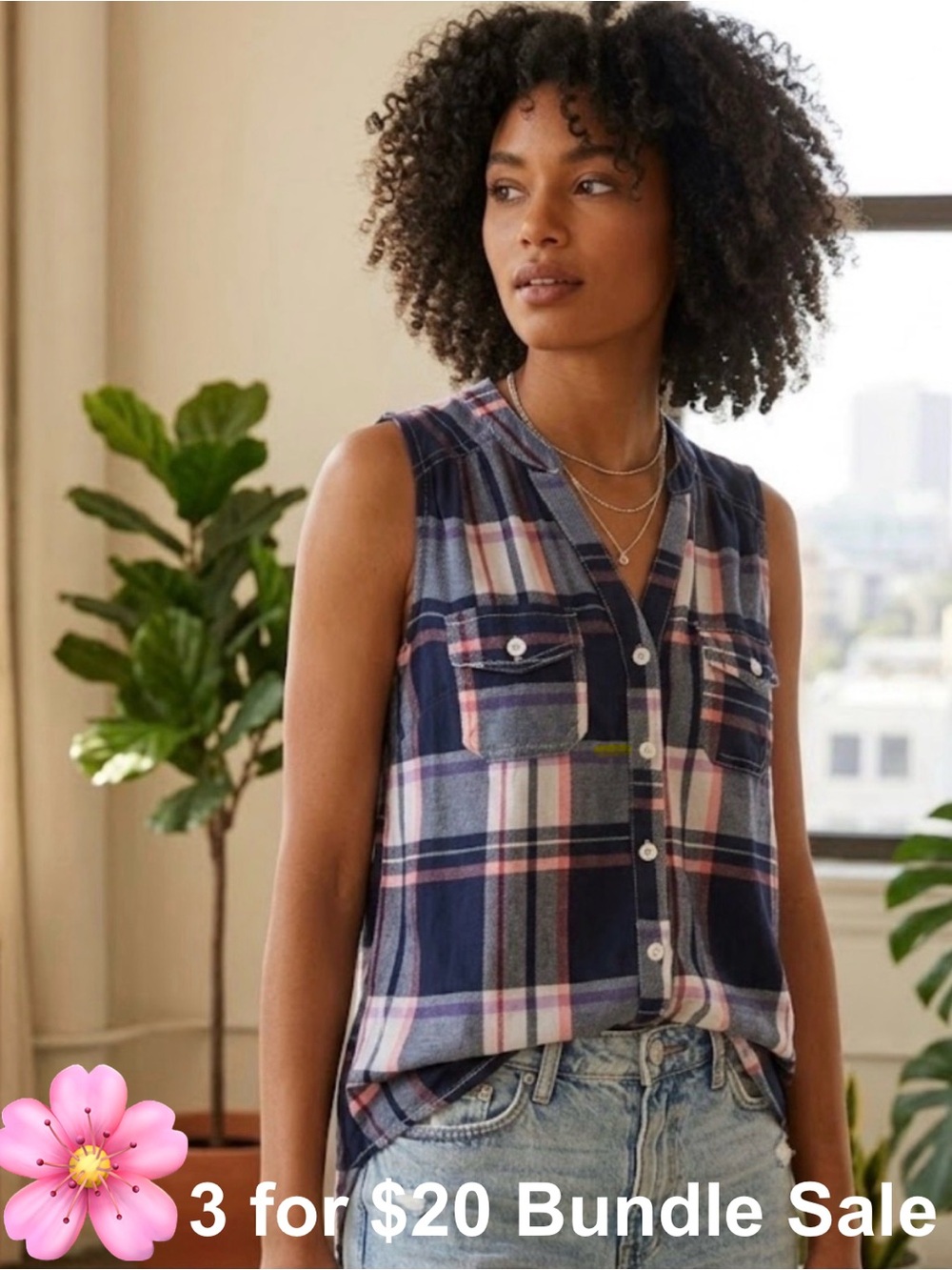 New York Laundry Plaid Sleeveless Button Up Shirt Navy Pink White - Size M